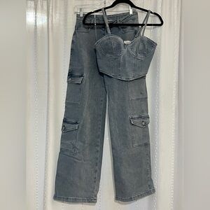 NWOT Gray Denim Bustier and Cargo Pants Set